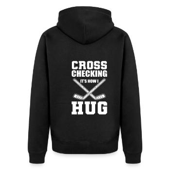 Cross Checking It's How I Hug Hockey-Spieler - Unisex Premium Bio Zip Hoodie - Schwarz - Hinten - Nico (187cm)