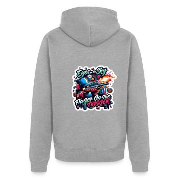 Tontaubenschießen Tontaubenschießen Schießen - Unisex Premium Bio Zip Hoodie - Grau meliert - Hinten - Nico (187cm)