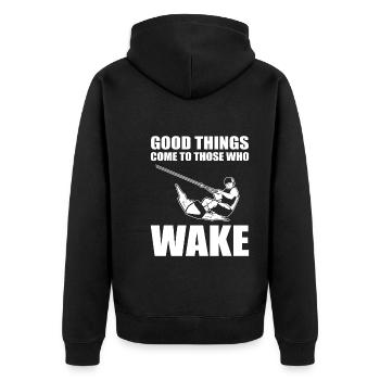 Good Things Come To Those Who Wake Wakeboarder - Unisex Premium Bio Zip Hoodie - Schwarz - Hinten - Nico (187cm)