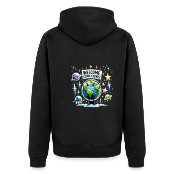 T Shirt WithJoin Cosmic Friends : Out-of-t - Veste à capuche bio Premium Unisexe - noir - Dos - Nico (187cm)