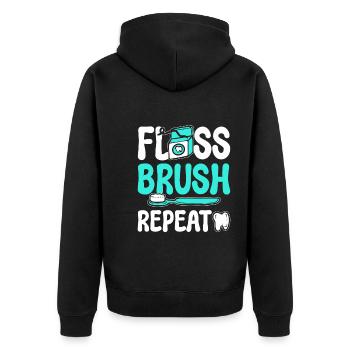 Floss Brush Repeat Zahnarzthelferin - Unisex Premium Bio Zip Hoodie - Schwarz - Hinten - Nico (187cm)