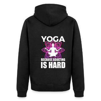 Lustiges Yoga Fitnesstrainer - Unisex Premium Bio Zip Hoodie - Schwarz - Hinten - Nico (187cm)