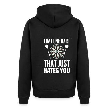 That One Dart That Just Hates You Dart-Meister - Unisex Premium Bio Zip Hoodie - Schwarz - Hinten - Nico (187cm)