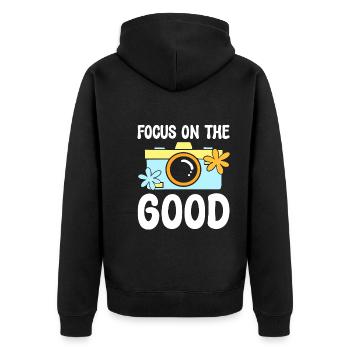 Focus On The Good Fotograf - Unisex Premium Bio Zip Hoodie - Schwarz - Hinten - Nico (187cm)