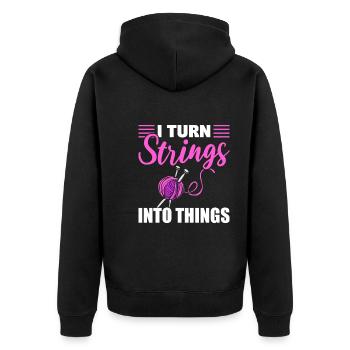 I Turn Strings Into Things Stricker - Unisex Premium Bio Zip Hoodie - Schwarz - Hinten - Nico (187cm)