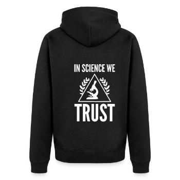 In Science We Trust Chemiker - Unisex Premium Bio Zip Hoodie - Schwarz - Hinten - Nico (187cm)