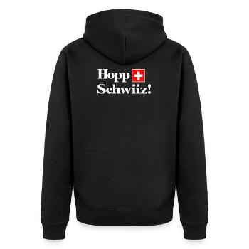 Hopp Schwiiz! Schweiz, Suisse, Svizzera, Svizra w - Unisex Premium Bio Zip Hoodie - Schwarz - Hinten - Nico (187cm)