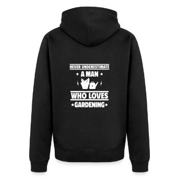 Unterschätze niemals einen Mann, der gärtnert - Unisex Premium Bio Zip Hoodie - Schwarz - Hinten - Nico (187cm)