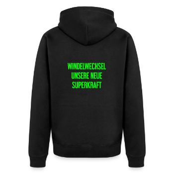 Windelwechsel – unsere neue Superkraft - Unisex Premium Bio Zip Hoodie - Schwarz - Hinten - Nico (187cm)