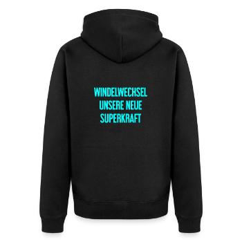 Windelwechsel – unsere neue Superkraft - Unisex Premium Bio Zip Hoodie - Schwarz - Hinten - Nico (187cm)