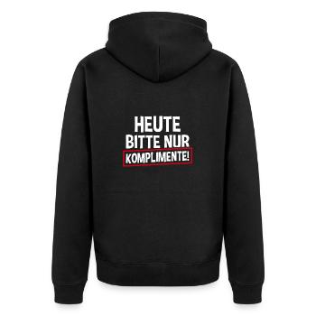 Heute Bitte Nur Komplimente - Unisex Premium Bio Zip Hoodie - Schwarz - Hinten - Nico (187cm)