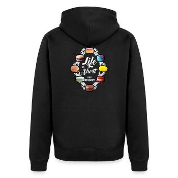 Das Leben ist kurz - Eat Dessert - Makronen Französisch - Unisex Premium Bio Zip Hoodie - Schwarz - Hinten - Nico (187cm)