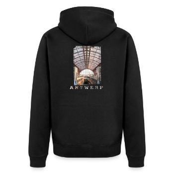 antwerpen | Hauptbahnhof - Unisex Premium Bio Zip Hoodie - Schwarz - Hinten - Nico (187cm)