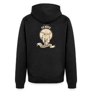 Schwalbe Simson Suhl Ostalgie Moped - Unisex Premium Bio Zip Hoodie - Schwarz - Hinten - Nico (187cm)