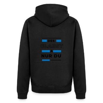 Des glabst a nur du - bayerischer Spruch - Unisex Premium Bio Zip Hoodie - Schwarz - Hinten - Nico (187cm)