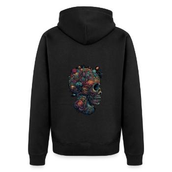 Surrealistischer, psychedelischer Trippy Totenkopf - Unisex Premium Bio Zip Hoodie - Schwarz - Hinten - Nico (187cm)
