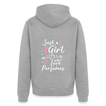 Parfüm Riechen Parfümerie Luxus - Unisex Premium Bio Zip Hoodie - Grau meliert - Hinten - Nico (187cm)