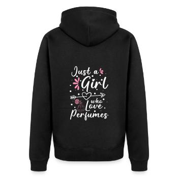 Parfüm Riechen Parfümerie Luxus - Unisex Premium Bio Zip Hoodie - Schwarz - Hinten - Nico (187cm)
