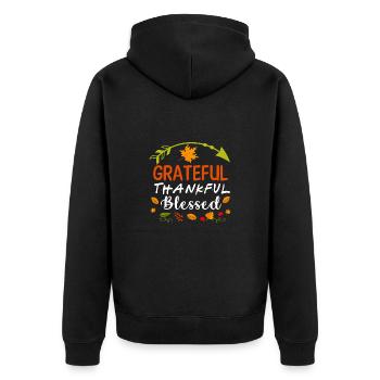 Greatful Thankful Blessed t-shirt - Unisex Premium Bio Zip Hoodie - Schwarz - Hinten - Nico (187cm)