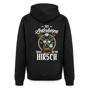 Mei Lederhosn is in da Wäsch Lederhosen Ersatz - Unisex Premium Organic Zip Hoodie - black - Back - Nico (187cm)