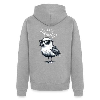 Watt’n Döntjes Coole Möwe Dicton bas allemand - Veste à capuche bio Premium Unisexe - gris chiné - Dos - Nico (187cm)