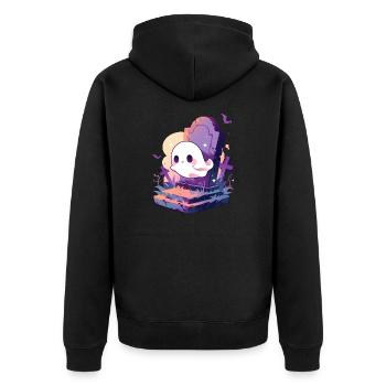 Halloween | Niedlicher Geist spuckt auf Friedhof - Unisex Premium Bio Zip Hoodie - Schwarz - Hinten - Nico (187cm)