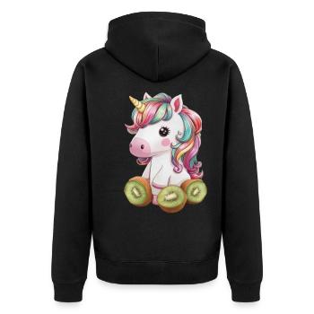 Cartoon Kawaii Einhorn mit Kiwi - Unisex Premium Bio Zip Hoodie - Schwarz - Hinten - Nico (187cm)