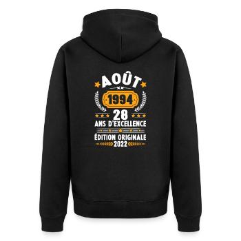 Cadeau D'anniversaire Rétro 28 Ans Août 1994 - Veste à capuche bio Premium Unisexe - noir - Dos - Nico (187cm)