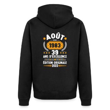 Cadeau D'anniversaire Rétro 39 Ans Août 1983 - Veste à capuche bio Premium Unisexe - noir - Dos - Nico (187cm)