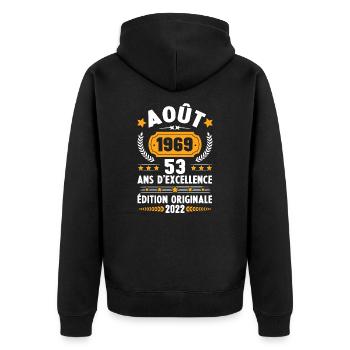 Cadeau D'anniversaire Rétro 53 Ans Août 1969 - Veste à capuche bio Premium Unisexe - noir - Dos - Nico (187cm)