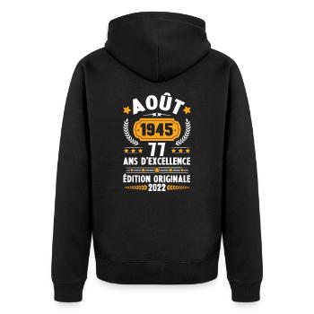Cadeau D'anniversaire Rétro 77 Ans Août 1945 - Veste à capuche bio Premium Unisexe - noir - Dos - Nico (187cm)