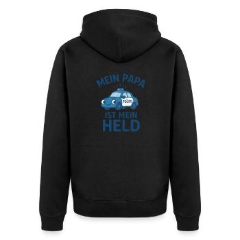 Logo Polizei Kinder "Mein Papa ist mein Held" - Unisex Premium Bio Zip Hoodie - Schwarz - Hinten - Nico (187cm)