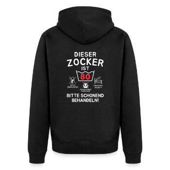This gambler is 80. - Unisex Premium Organic Zip Hoodie - black - Back - Nico (187cm)