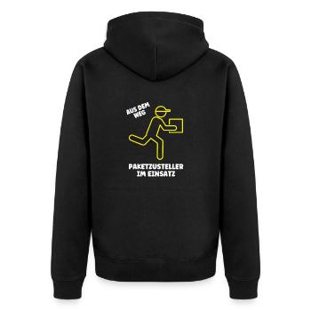 Paketzusteller im Einsatz Postbote Paket Zusteller - Unisex Premium Bio Zip Hoodie - Schwarz - Hinten - Nico (187cm)