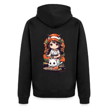 Kawaii Anime Sushi Kemomimi Master with Cat - Unisex Premium Organic Zip Hoodie - black - Back - Nico (187cm)