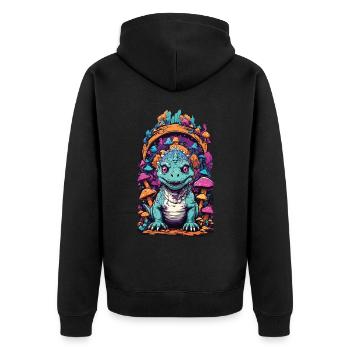 Psychedelic Pilze mit Dinosaurier Fantasiewelt - Unisex Premium Bio Zip Hoodie - Schwarz - Hinten - Nico (187cm)