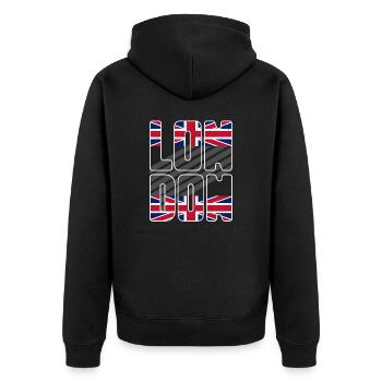 London England Vereinigtes Königreich Reise - Unisex Premium Bio Zip Hoodie - Schwarz - Hinten - Nico (187cm)