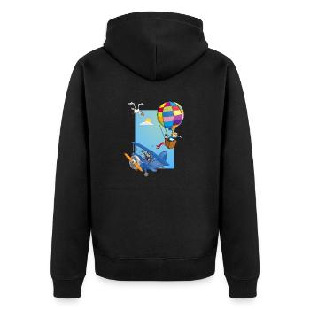 Junge in einem Heißluftballon und einem blauen Flugzeug - Unisex Premium Bio Zip Hoodie - Schwarz - Hinten - Nico (187cm)