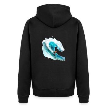 Surfer beim Reiten einer großen Welle in einer 2D- - Unisex Premium Bio Zip Hoodie - Schwarz - Hinten - Nico (187cm)