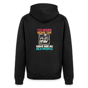 Jahrgang | Klassisch | Klassisch | Alt - Unisex Premium Bio Zip Hoodie - Schwarz - Hinten - Nico (187cm)