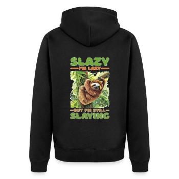 Slazy I'm Lazy But I'm Still Slaying - Unisex Premium Bio Zip Hoodie - Schwarz - Hinten - Nico (187cm)