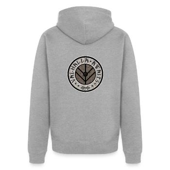 Valhalla Awaits - Unisex Premium Bio Zip Hoodie - Grau meliert - Hinten - Nico (187cm)
