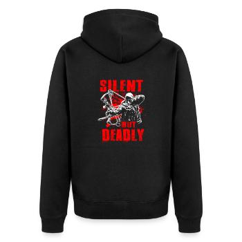 Silent But Deadly Bowhunting Bogenjagd Compound Bo - Unisex Premium Bio Zip Hoodie - Schwarz - Hinten - Nico (187cm)