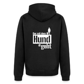 Der mit dem Hund geht Shirt - Weiß - Unisex Premium Bio Zip Hoodie - Schwarz - Hinten - Nico (187cm)