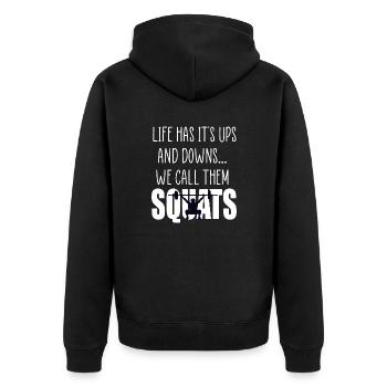 Squats Gym Angebot - Unisex Premium Bio Zip Hoodie - Schwarz - Hinten - Nico (187cm)
