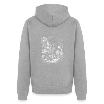 Relief du paysage urbain avec des pylônes de tramway et d’électricité - Veste à capuche bio Premium Unisexe - gris chiné - Dos - Nico (187cm)