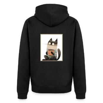 Katze mit Kaffeetasse - Unisex Premium Bio Zip Hoodie - Schwarz - Hinten - Nico (187cm)