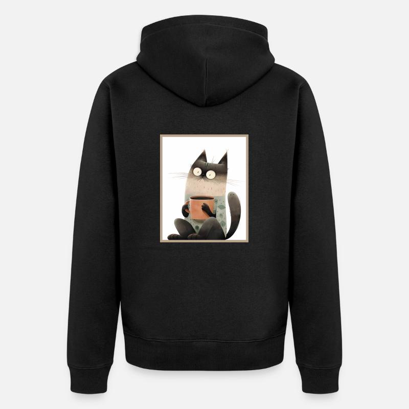 Katze mit Kaffeetasse - Unisex Premium Bio Zip Hoodie - Schwarz