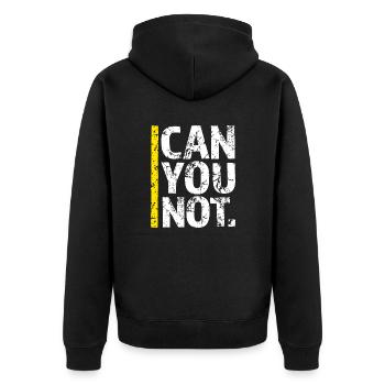 Kannst du nicht einen lustigen sarkastischen Spruch zitieren? - Unisex Premium Bio Zip Hoodie - Schwarz - Hinten - Nico (187cm)