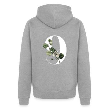 Nummer 9 Blumengrün -9. Blumengeburtstag - Unisex Premium Bio Zip Hoodie - Grau meliert - Hinten - Nico (187cm)